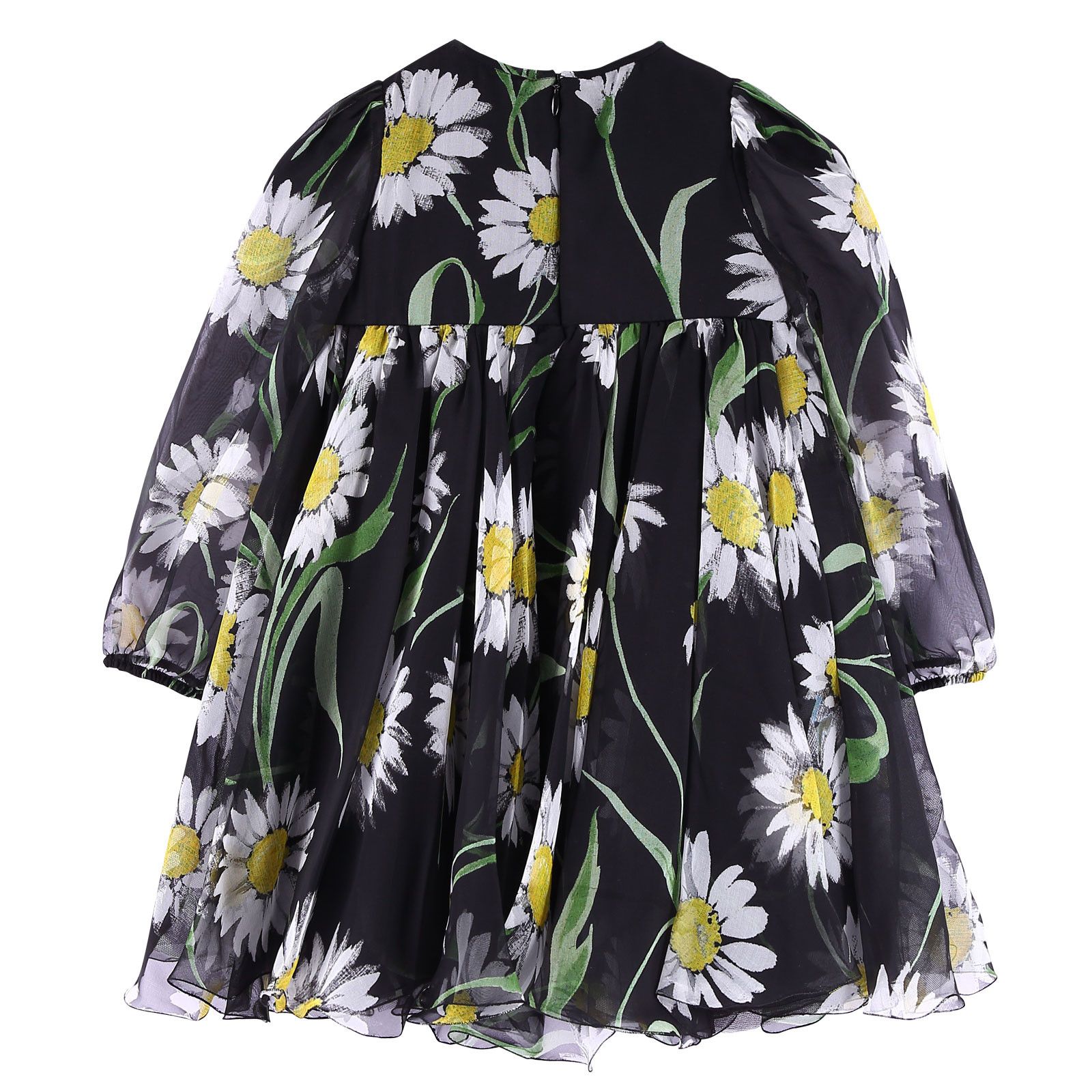 Baby Girls Black Flower Printed Silk Chiffon Dress With Elasticated Cuffs - CÉMAROSE | Children's Fashion Store - 3