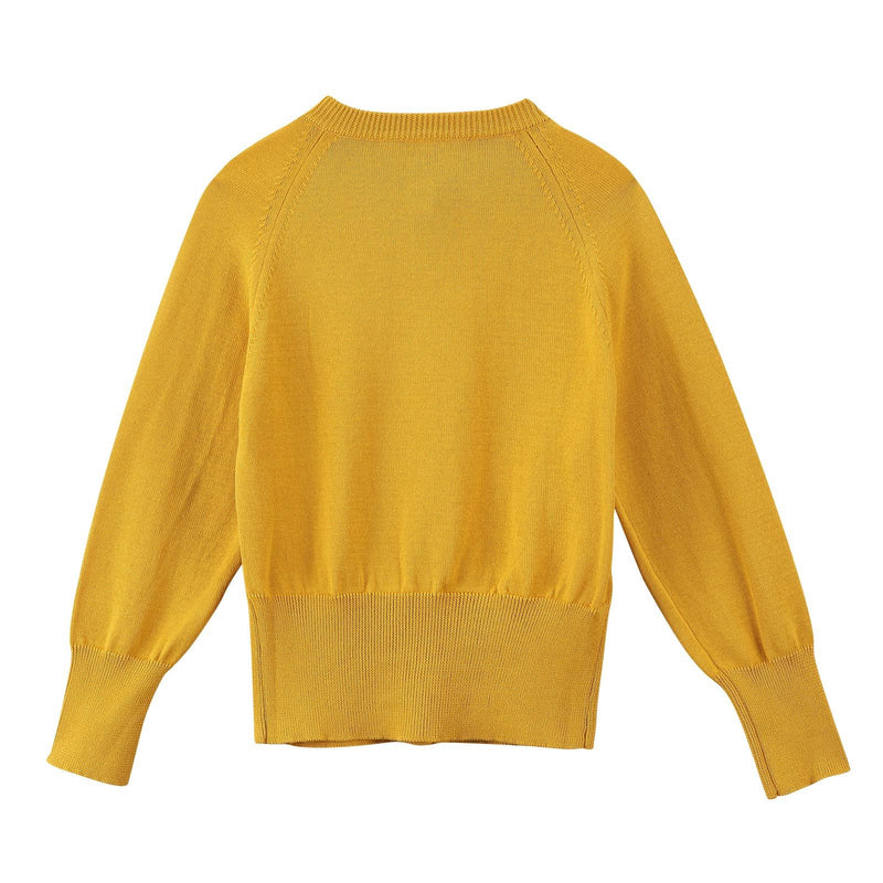 Girls Yellow Knitted Cotton Cardigan With Ribbed Cuffs - CÉMAROSE | Children's Fashion Store - 3