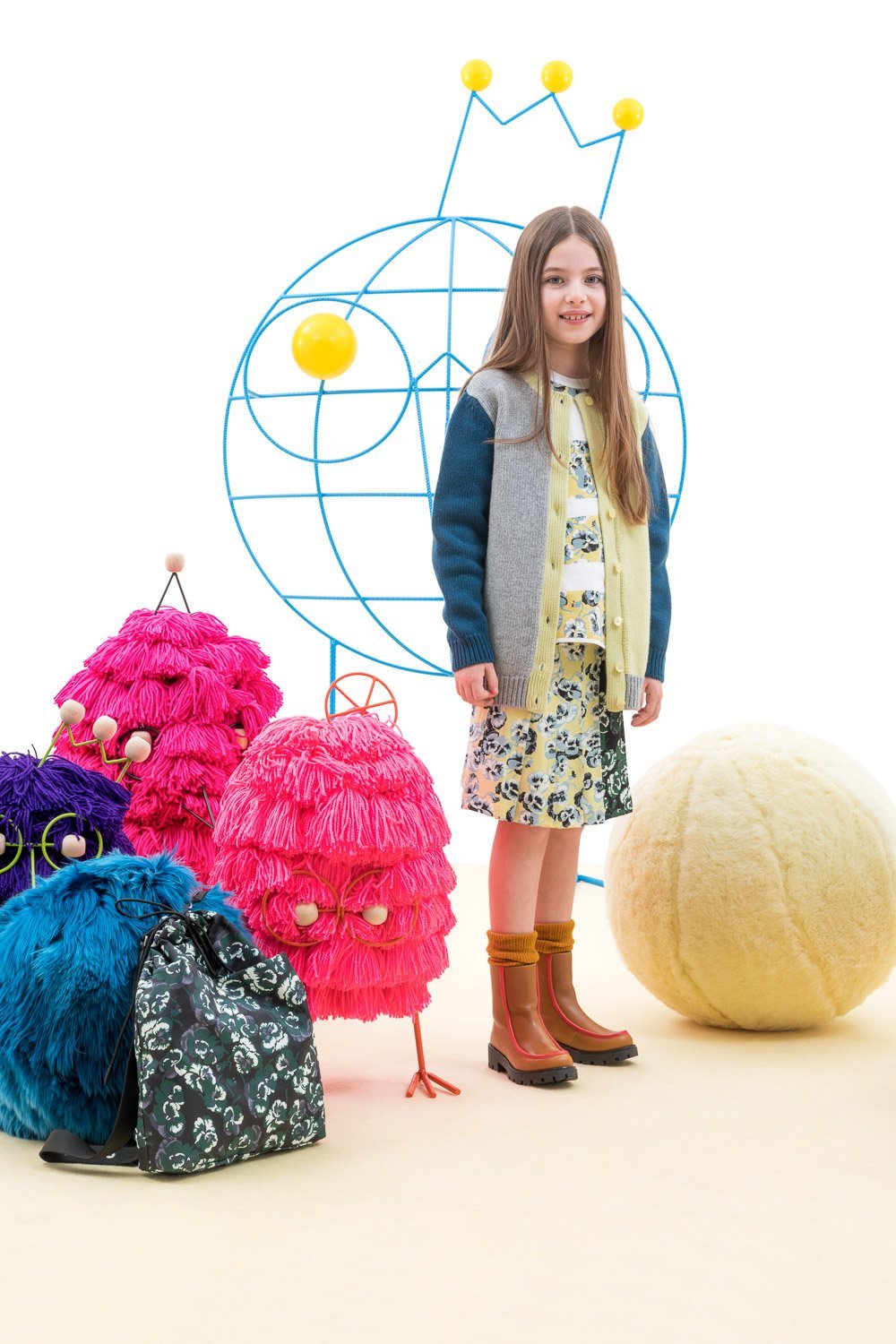 Girls Blue & Beige Wool Cardigan