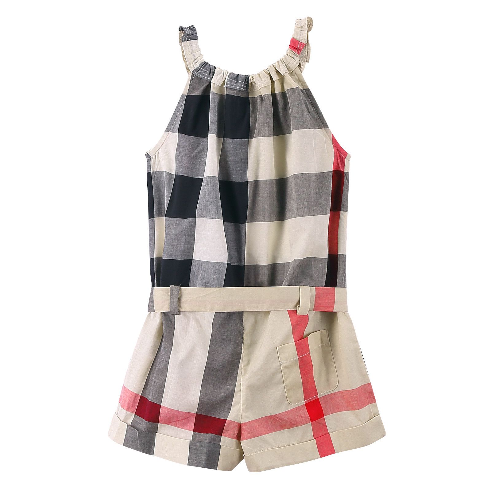 Girls Multicolor Classic Check Cotton Romper With Belt - CÉMAROSE | Children's Fashion Store - 2