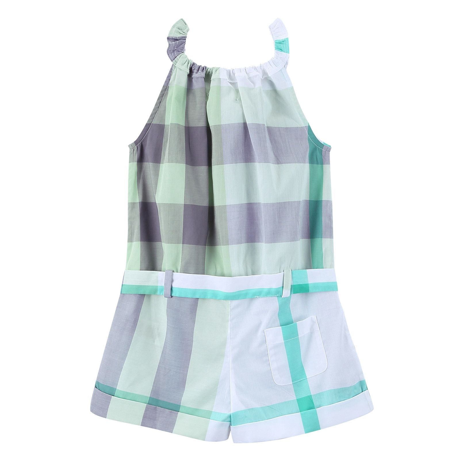 Girls Light Green Check Cotton Romper With Belt - CÉMAROSE | Children's Fashion Store - 2