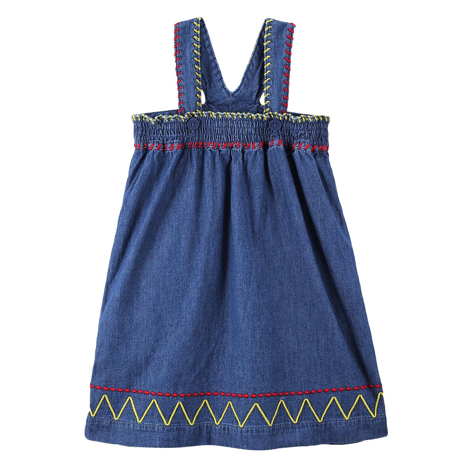 Girls Blue Cotton Denim Dress With Zig Zag Embroidered Trims - CÉMAROSE | Children's Fashion Store - 2