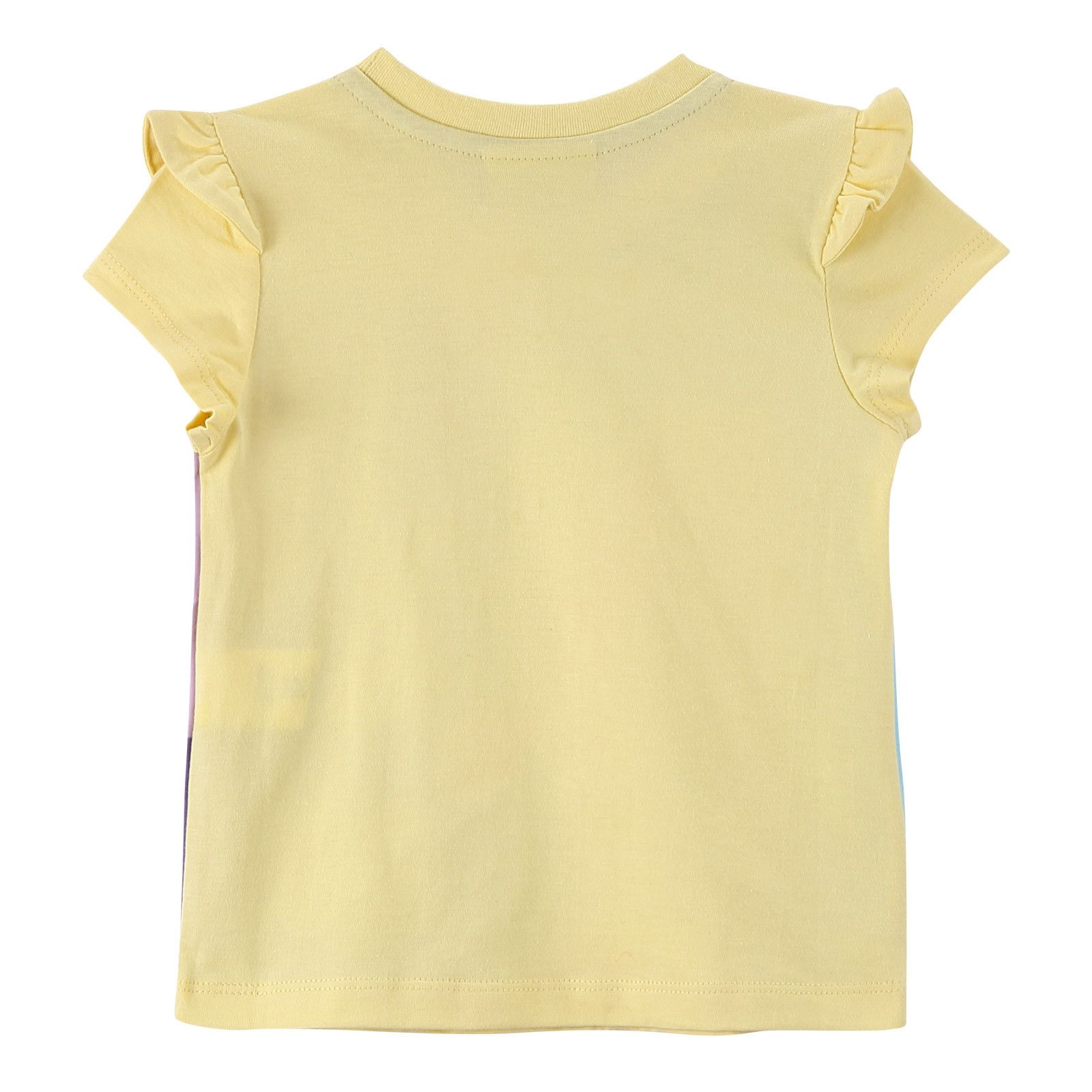 Girls Multicolour Cotton T-Shirt With Yellow Frilly Cuffs - CÉMAROSE | Children's Fashion Store - 3