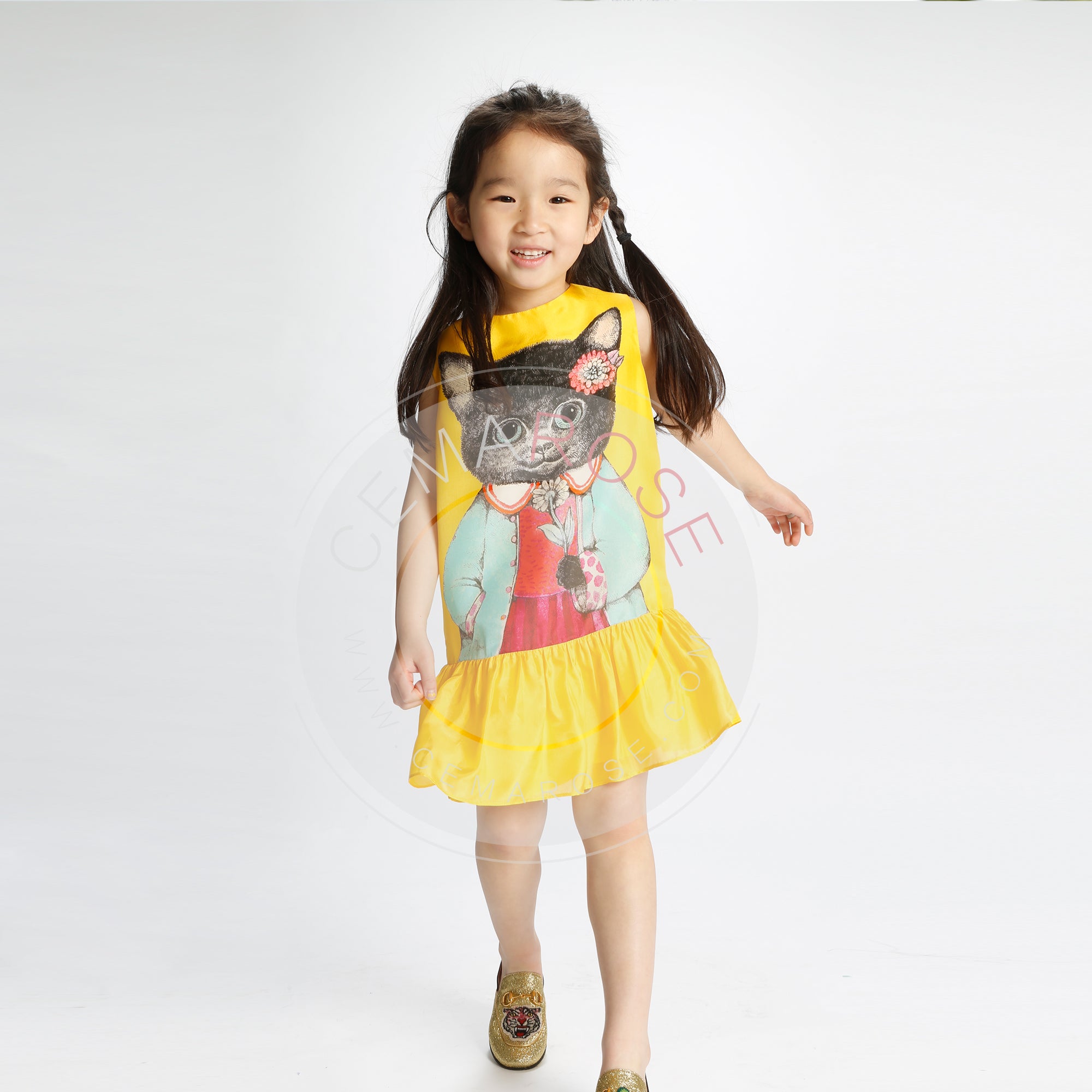 Girls Fisherman Yellow Prt Silk Cat Dress