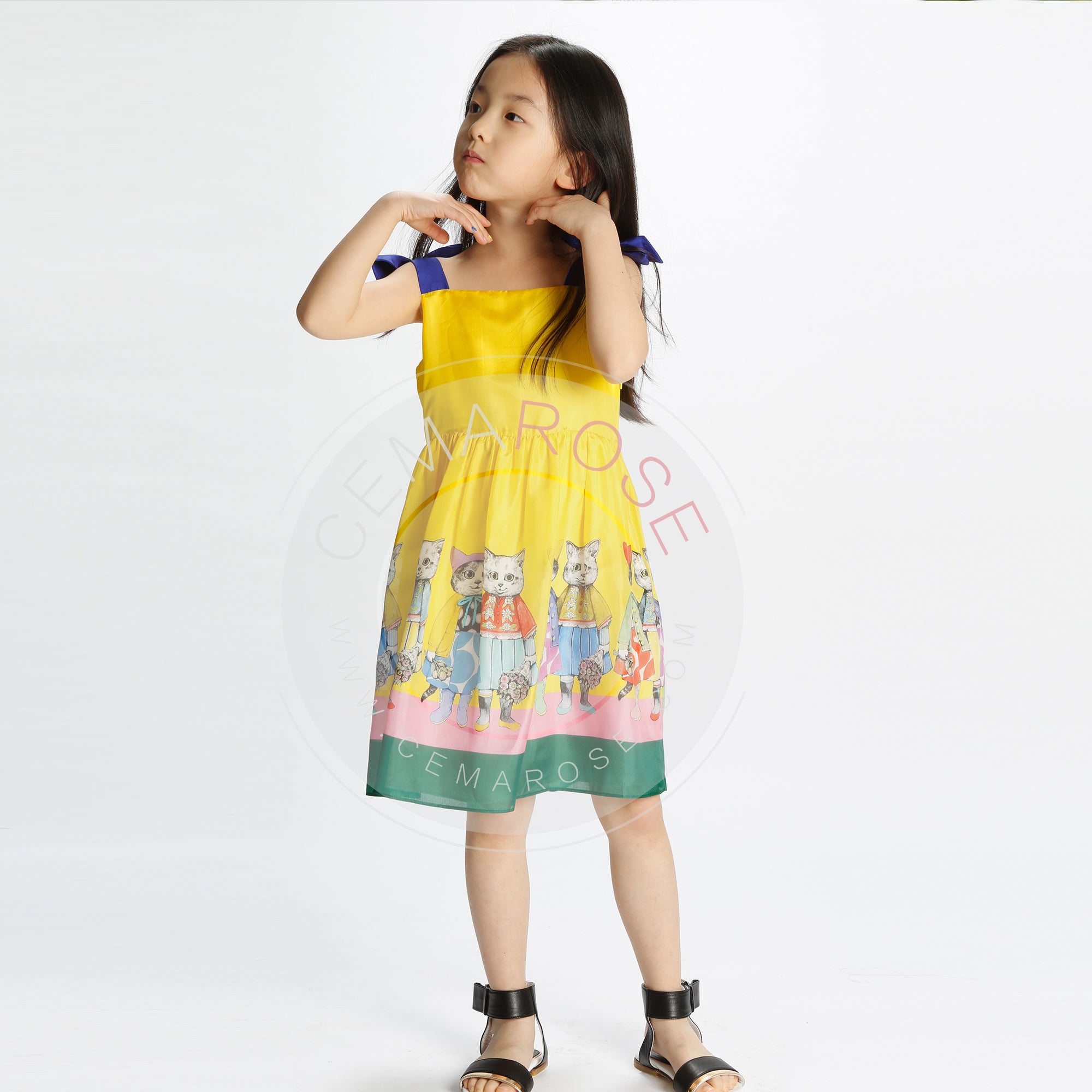Girls Yellow & Blue Silk Cat Print Dress