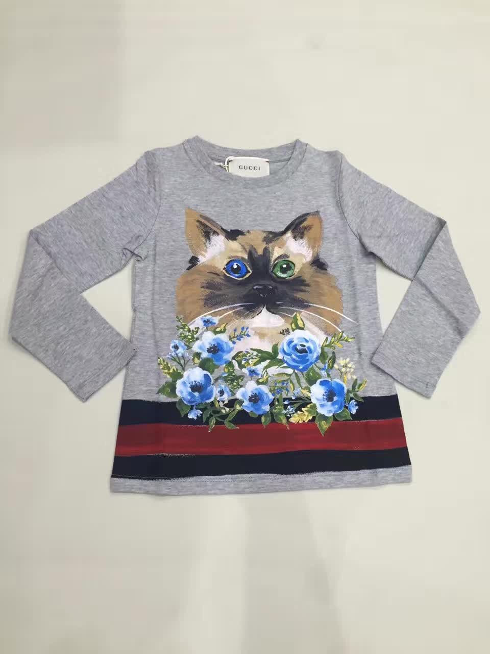 Girls Grey Cotton T-Shirt With Cat Flower Print - CÉMAROSE | Children's Fashion Store - 1