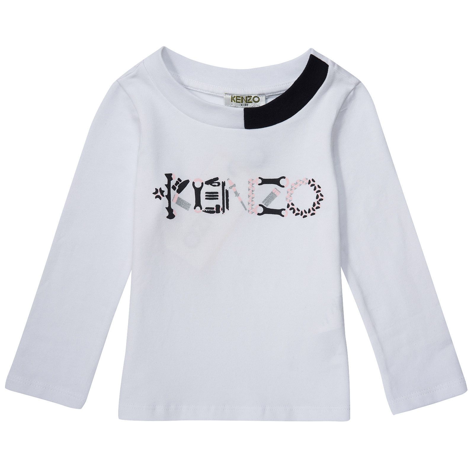 Girls White Cotton Jersey T-Shirt With Black&White Collar - CÉMAROSE | Children's Fashion Store - 1