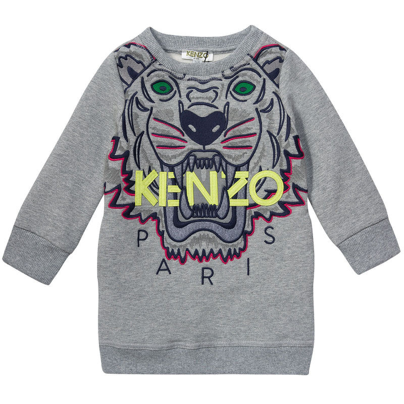 Girls Grey Tiger Embroidered Jersey Sweatshirt Dress - CÉMAROSE | Children's Fashion Store - 1