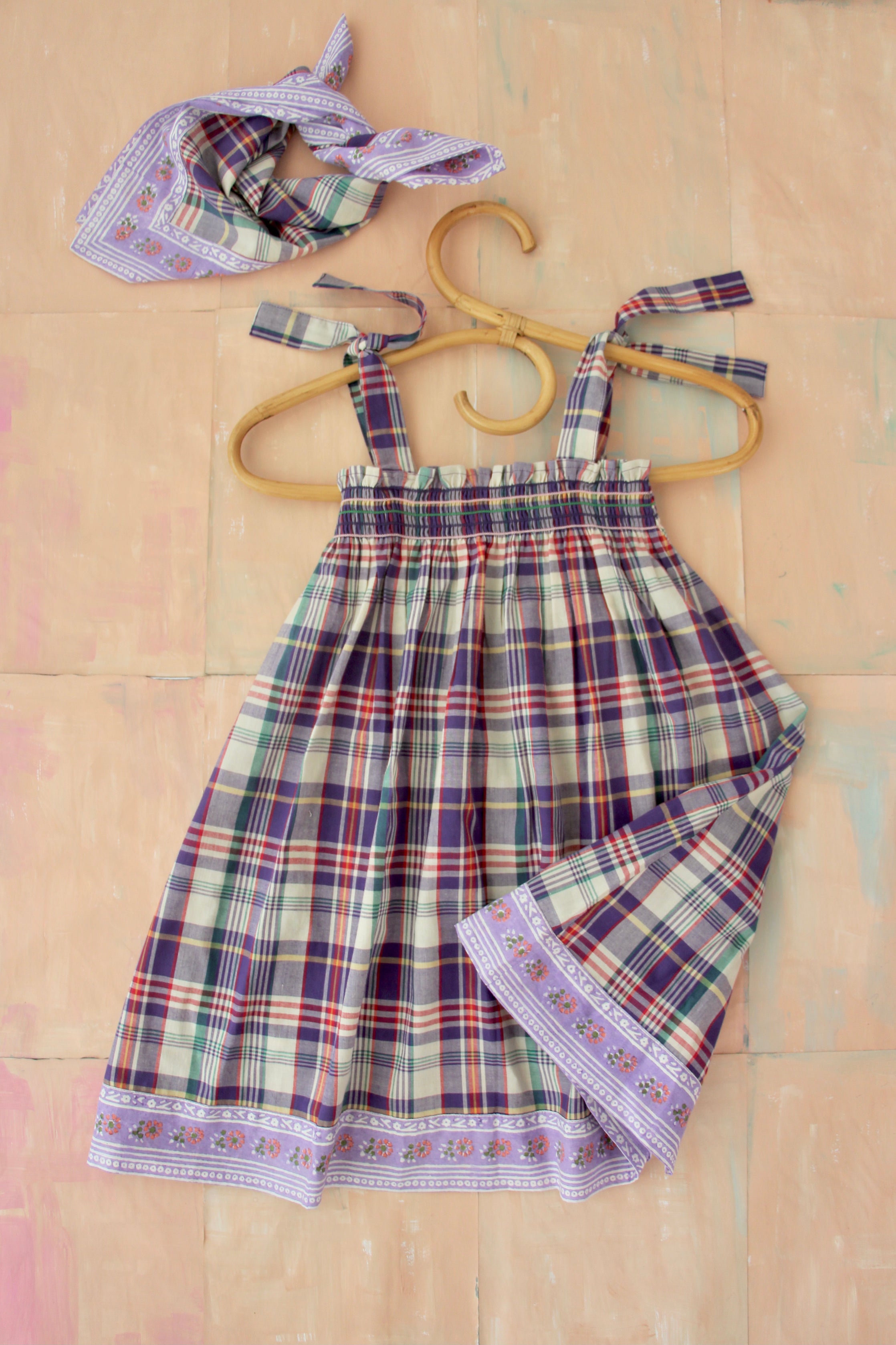 Girls Purple Check Dress & Scarf Set