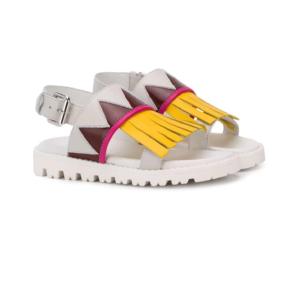Girls White & Yellow Leather Sandals