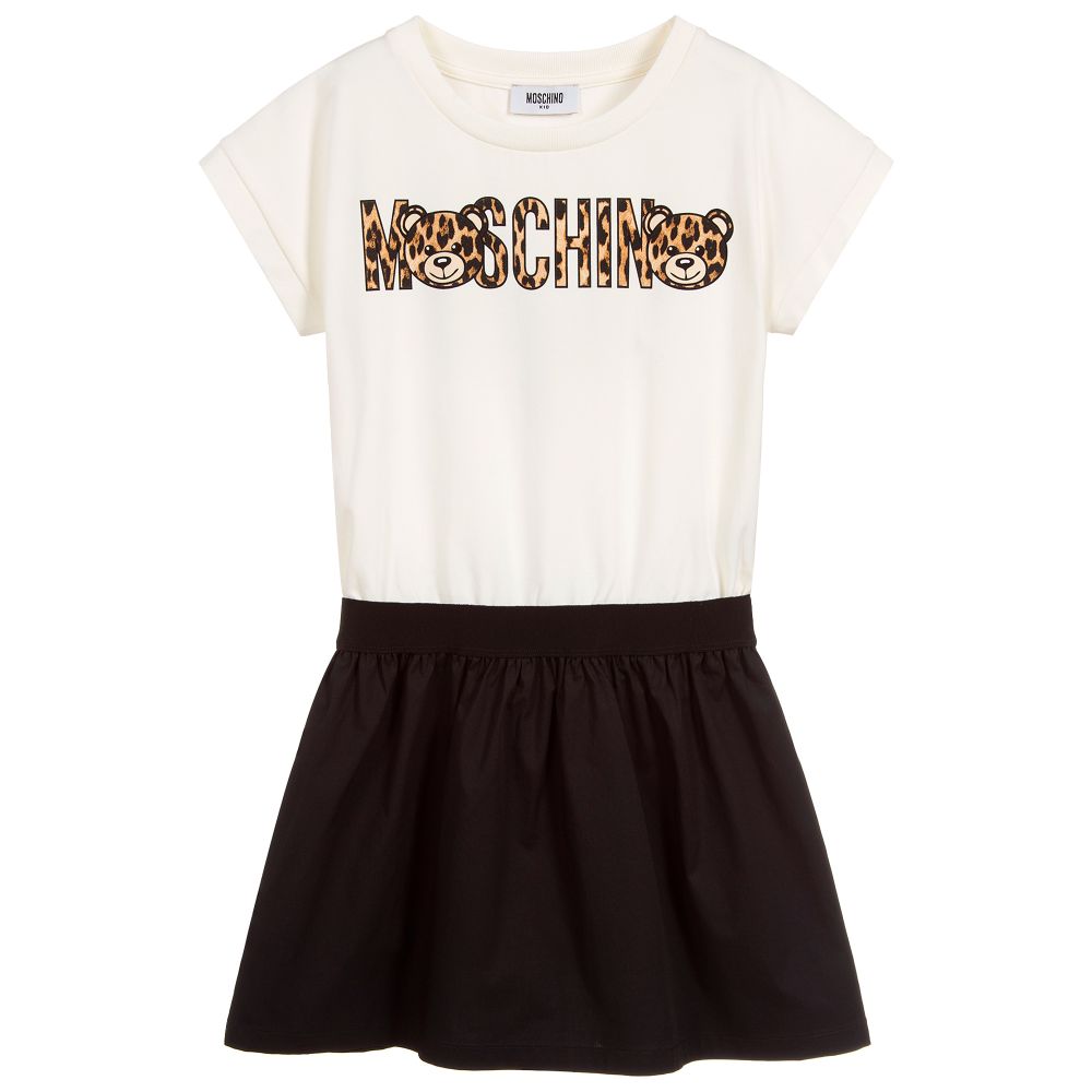 Girls Ivory & Black Logo Cotton Dress
