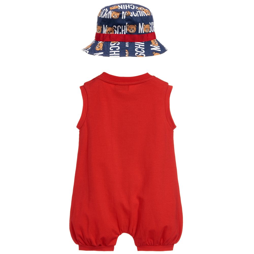 Baby Boys & Girls Red Cotton Babysuit & Hat Set