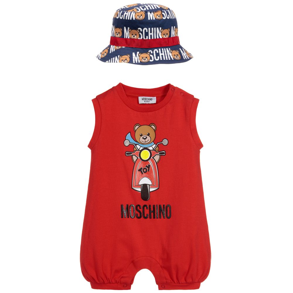 Baby Boys & Girls Red Cotton Babysuit & Hat Set