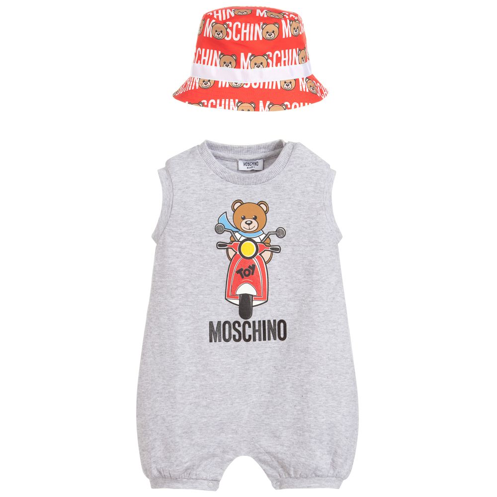 Baby Boys & Girls Grey Cotton Babysuit & Hat Set