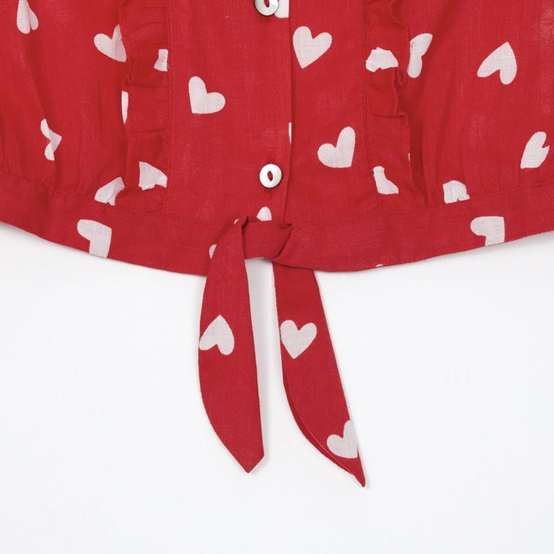 Girls Red & White Heart Cotton Shirt