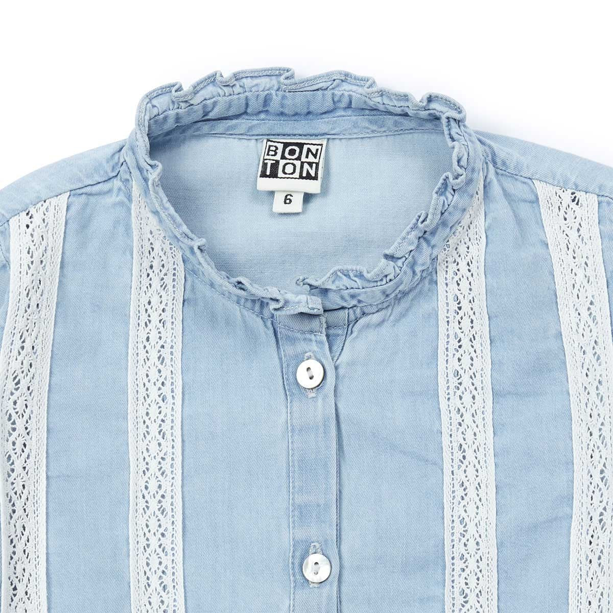 Girls Light Blue Lace Cotton Shirt