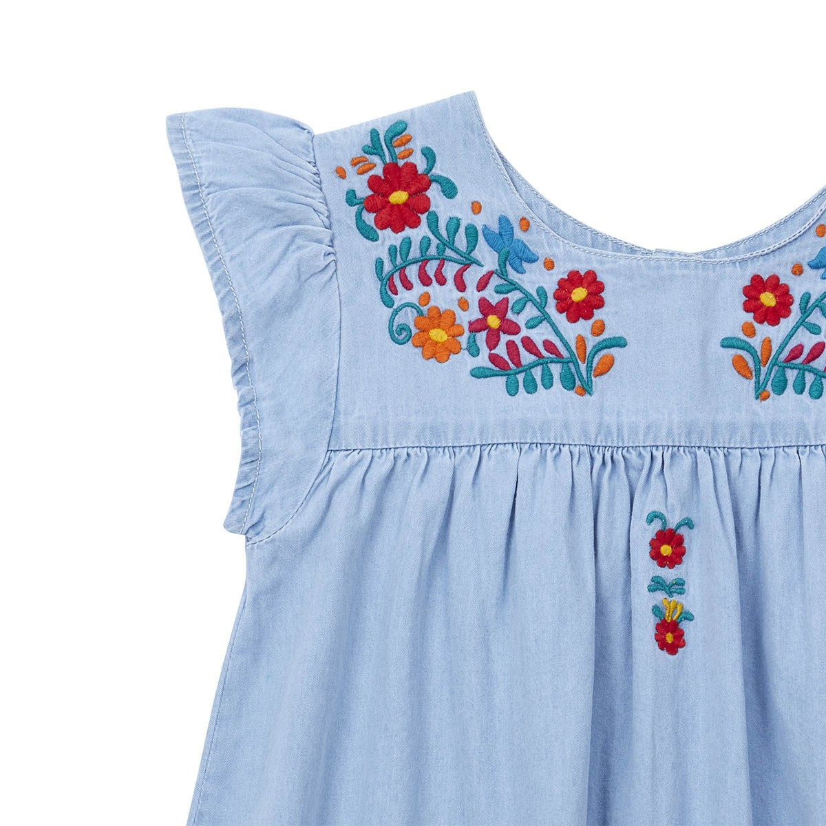 Girls Denim Blue Cotton Embroidered Dress
