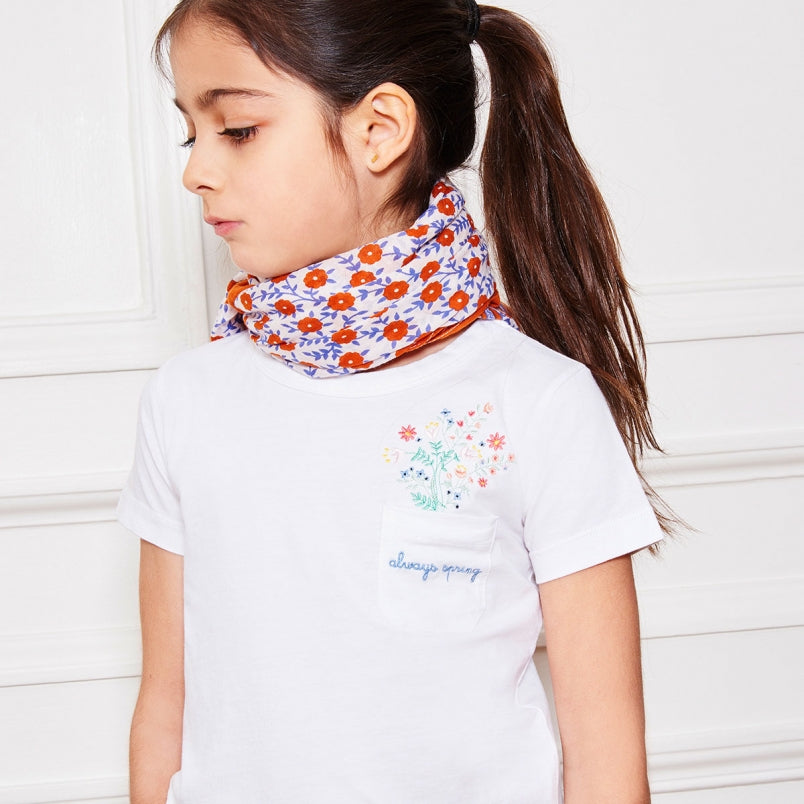 Girls White Flowers Pocket T-shirt