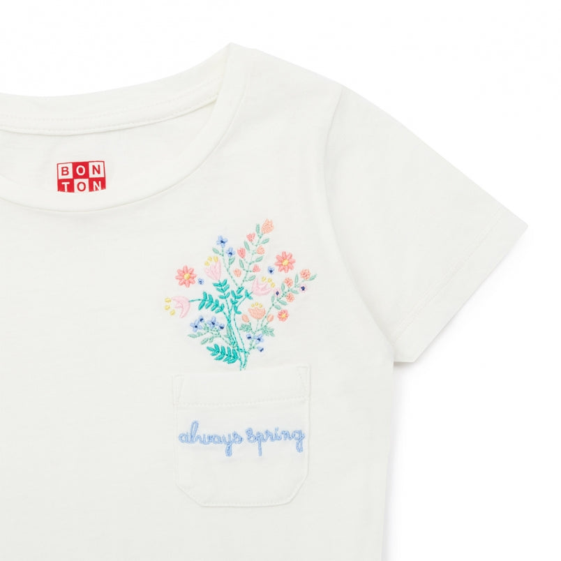 Girls White Flowers Pocket T-shirt