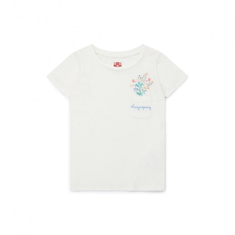 Girls White Flowers Pocket T-shirt
