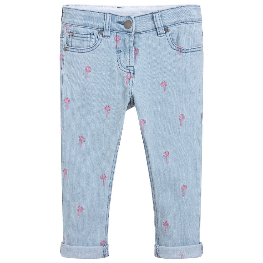 Girls Light Blue Embroidered Denim Trousers