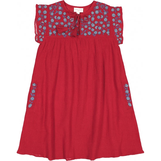 Girls Red Embroidered Cotton Dress