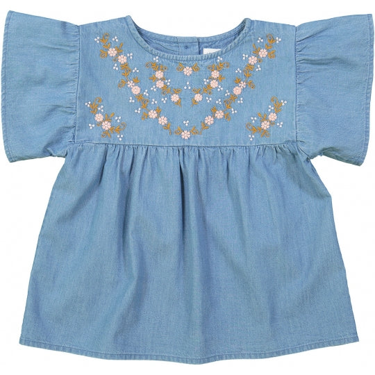 Girls Blue Embroidered Cotton Blouse