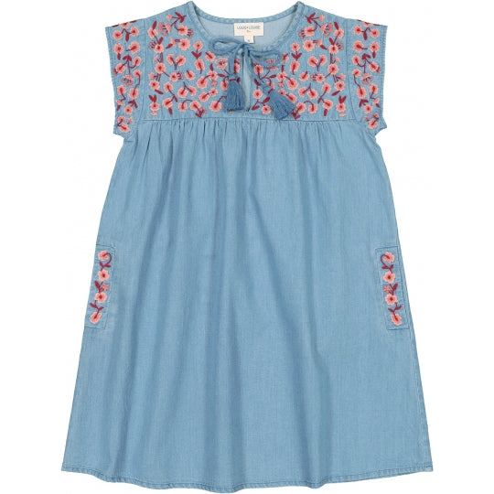 Girls Blue Embroidered Cotton Dress
