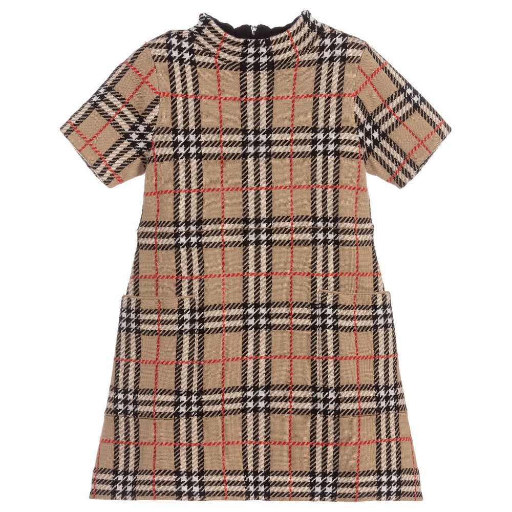 Girls Beige Check Wool Dress