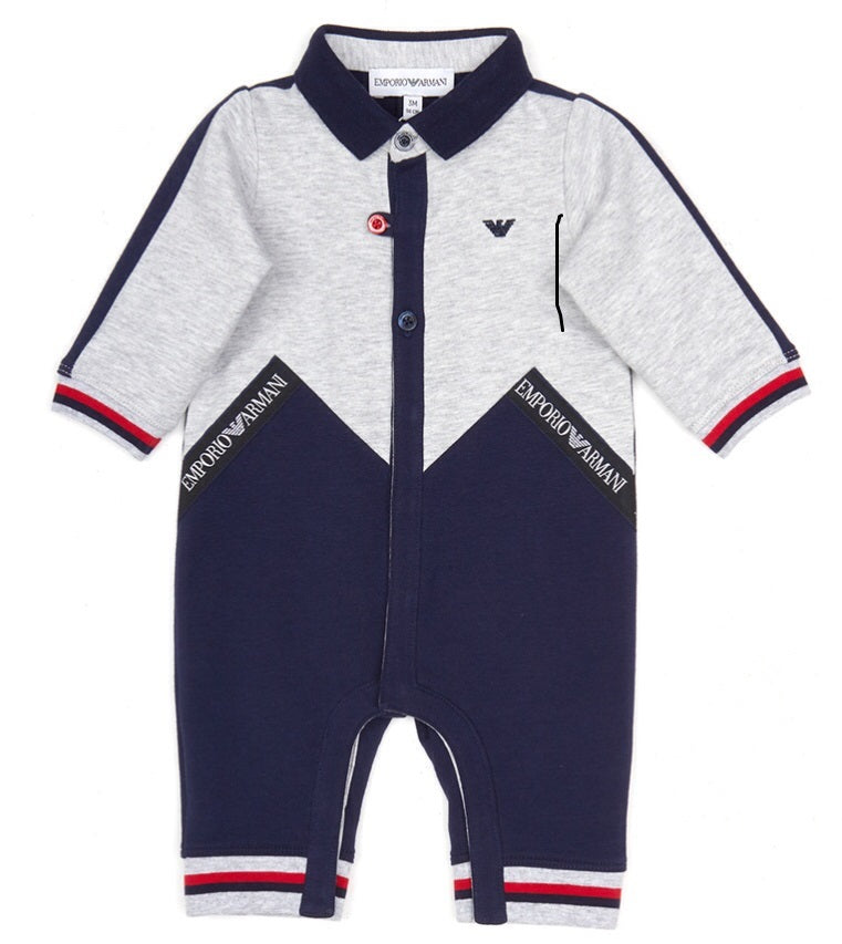 Baby Boys Grey & Blue Cotton Babysuit