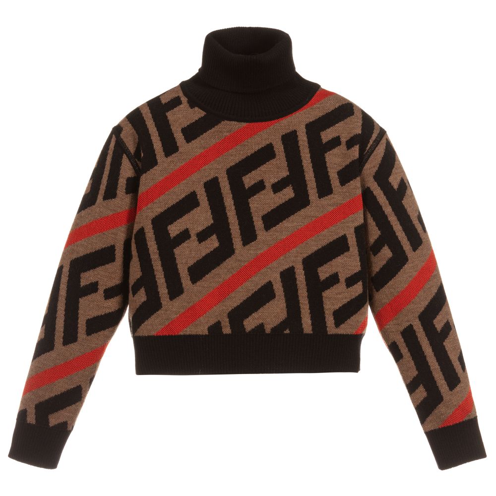 Girls Brown & Red Wool Logo Sweater