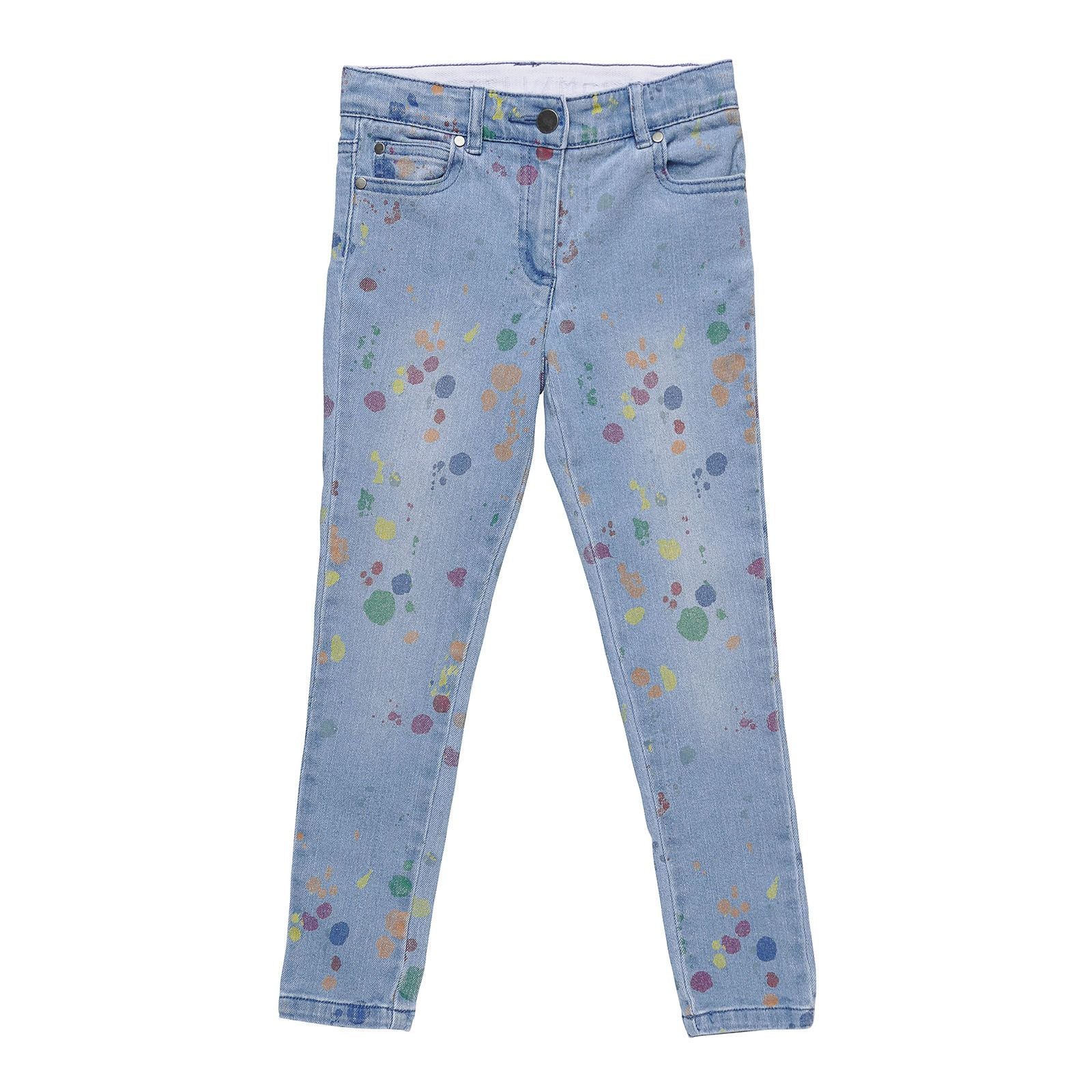 Girls Blue Denim Jeans With Multicolour Splat Print Trims - CÉMAROSE | Children's Fashion Store