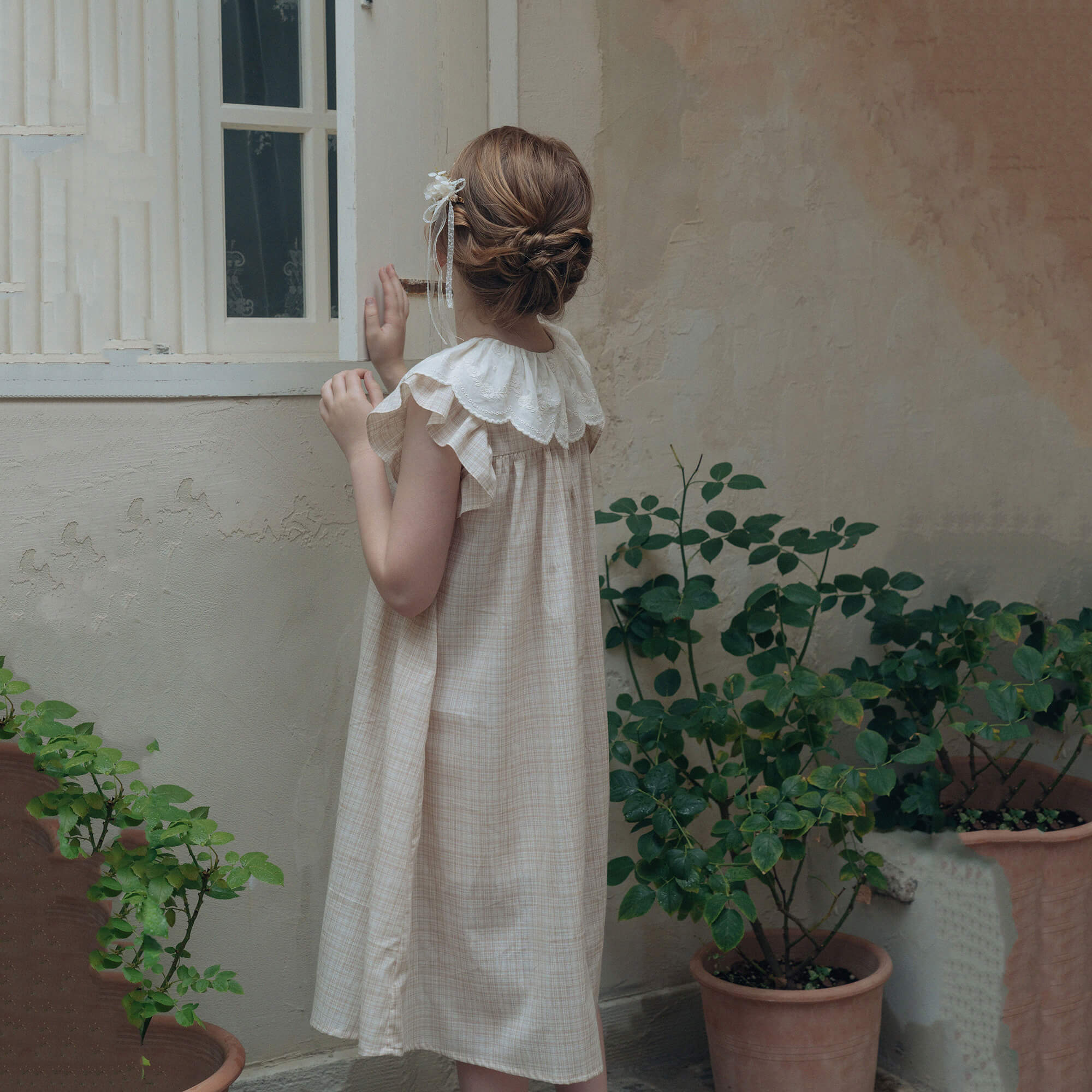 Girls Beige Pink Check Cotton Dress