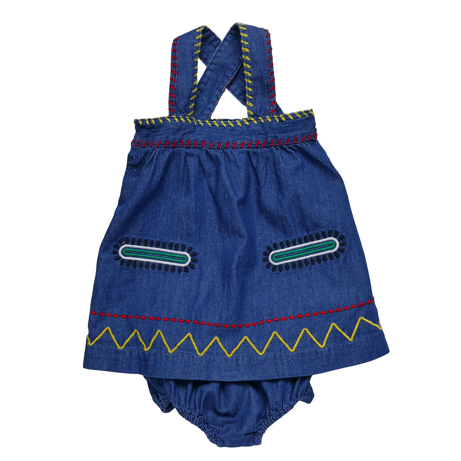 Baby Girls Blue Cotton Denim Zig Zag Embroidered Trims Dress With Bloomres - CÉMAROSE | Children's Fashion Store