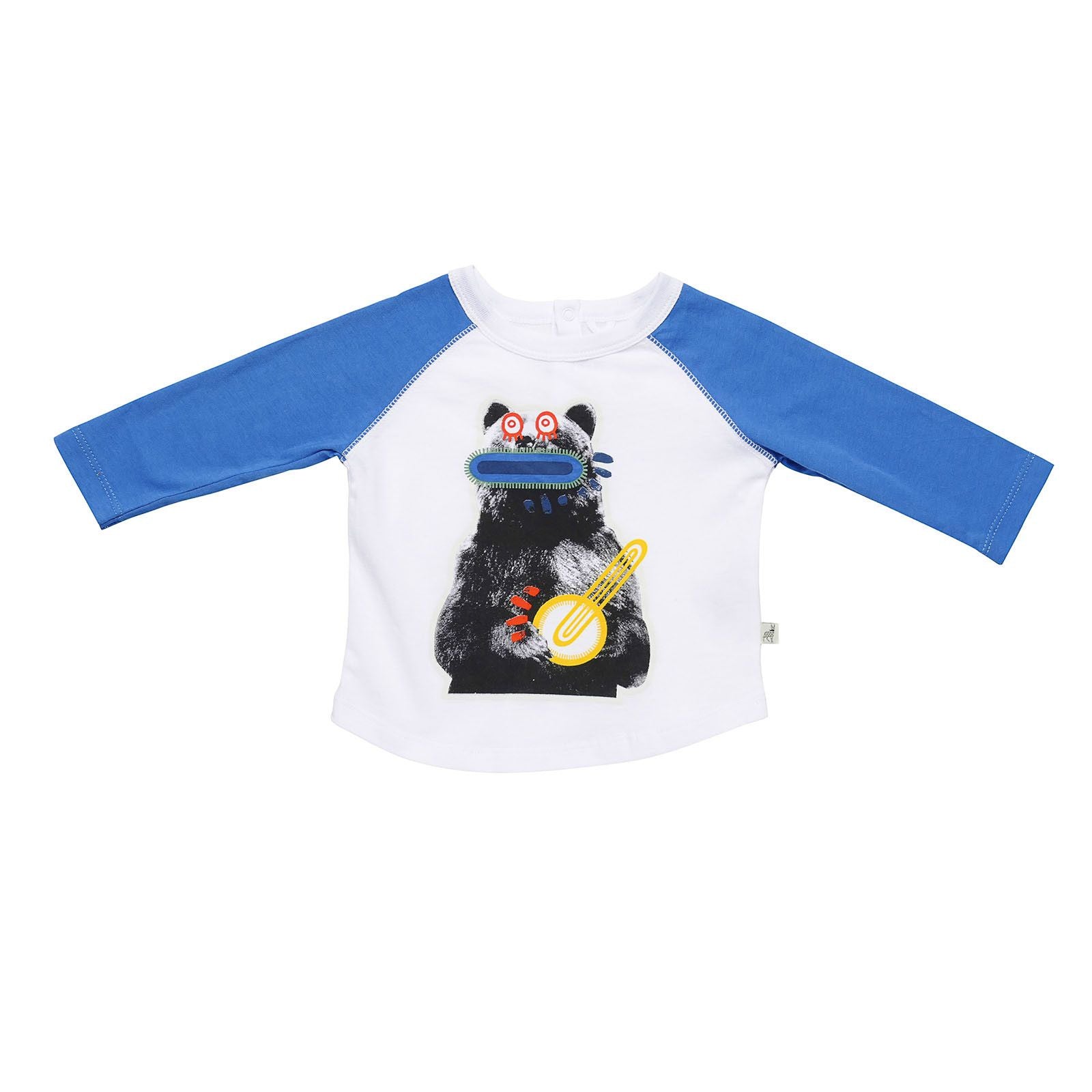 Baby Girls White Zig Zag Bear Printed Cotton T-Shirt With Blue Cuffs - CÉMAROSE | Children's Fashion Store