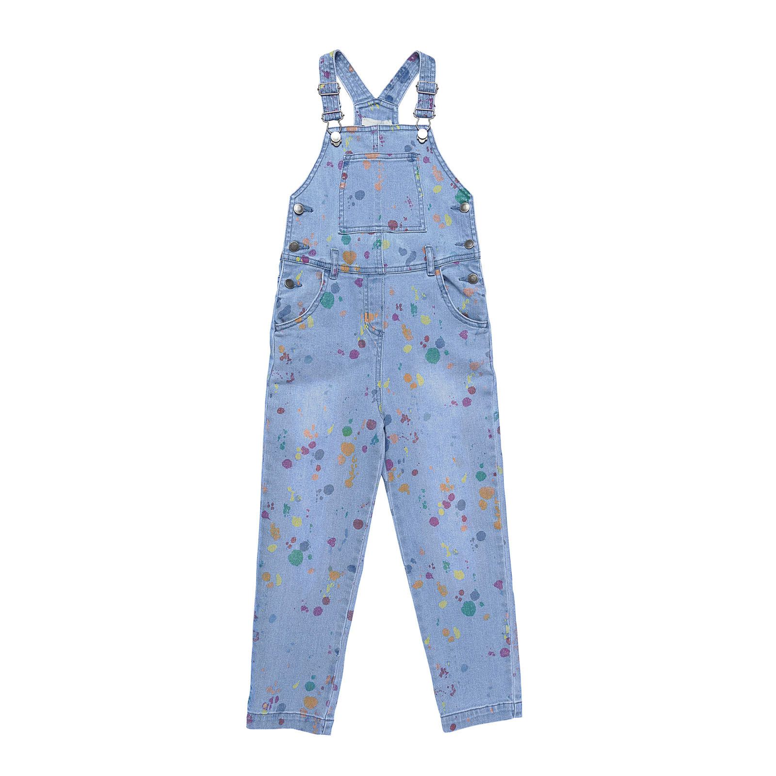 Girls Blue Denim Jumpsuit With Multicolour Splat Print Trims - CÉMAROSE | Children's Fashion Store