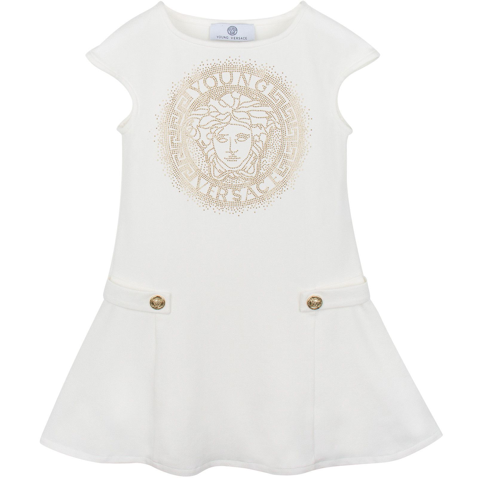 Girls White Dropped Waist Dress Gold With Versace Brand Logo - CÉMAROSE | Children's Fashion Store - 1