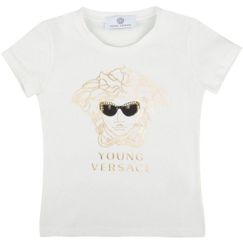 Girls Ivory T-Shirt With Gold Medusa Printed Logo - CÉMAROSE | Children's Fashion Store - 1