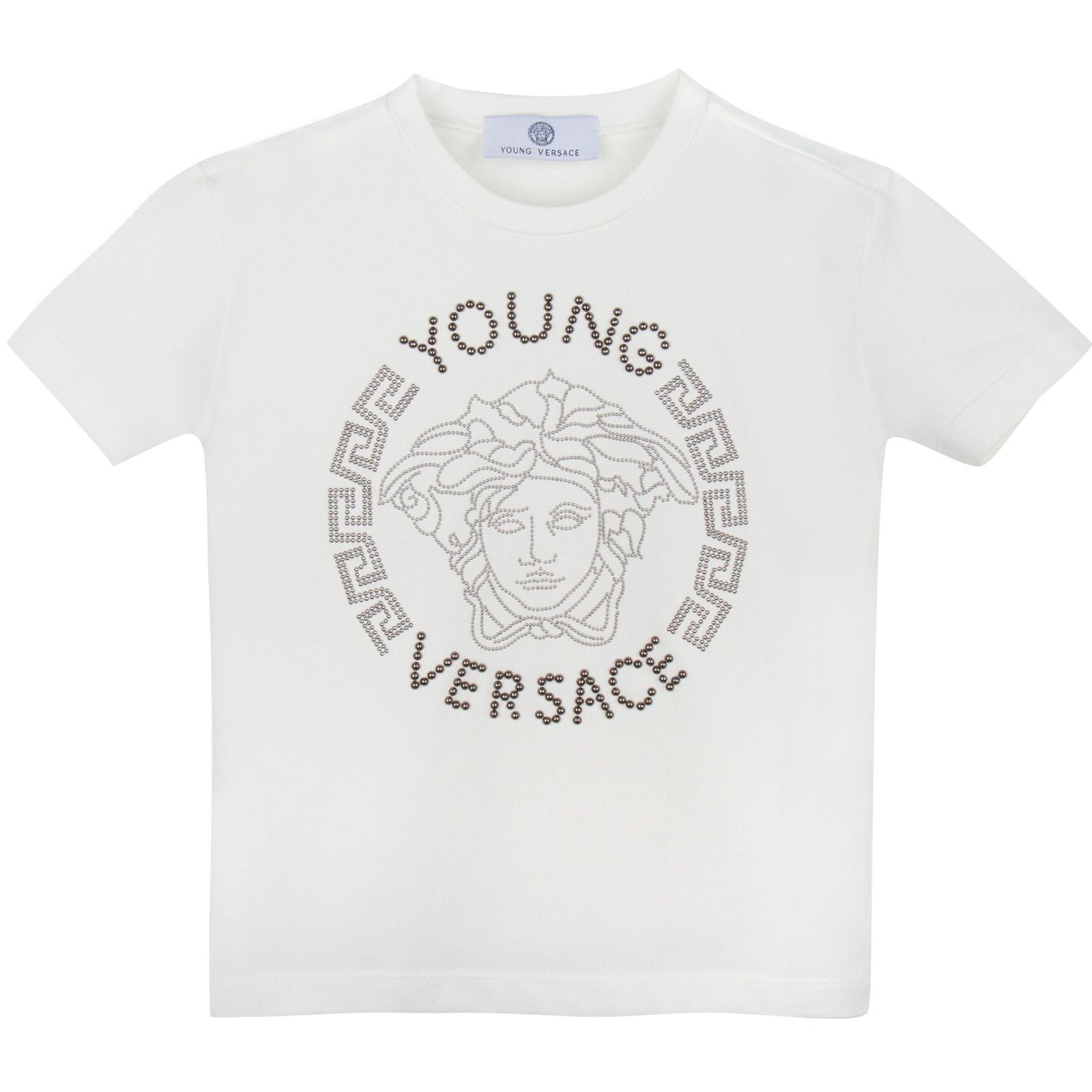 Boys Ivory Medusa Studded Logo Cotton Jersey T-Shirt - CÉMAROSE | Children's Fashion Store - 1