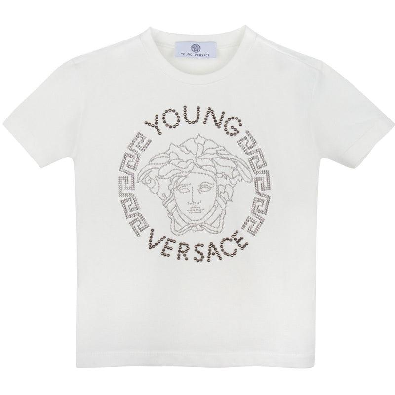 Boys Ivory Medusa Studded Logo Cotton Jersey T-Shirt - CÉMAROSE | Children's Fashion Store - 1