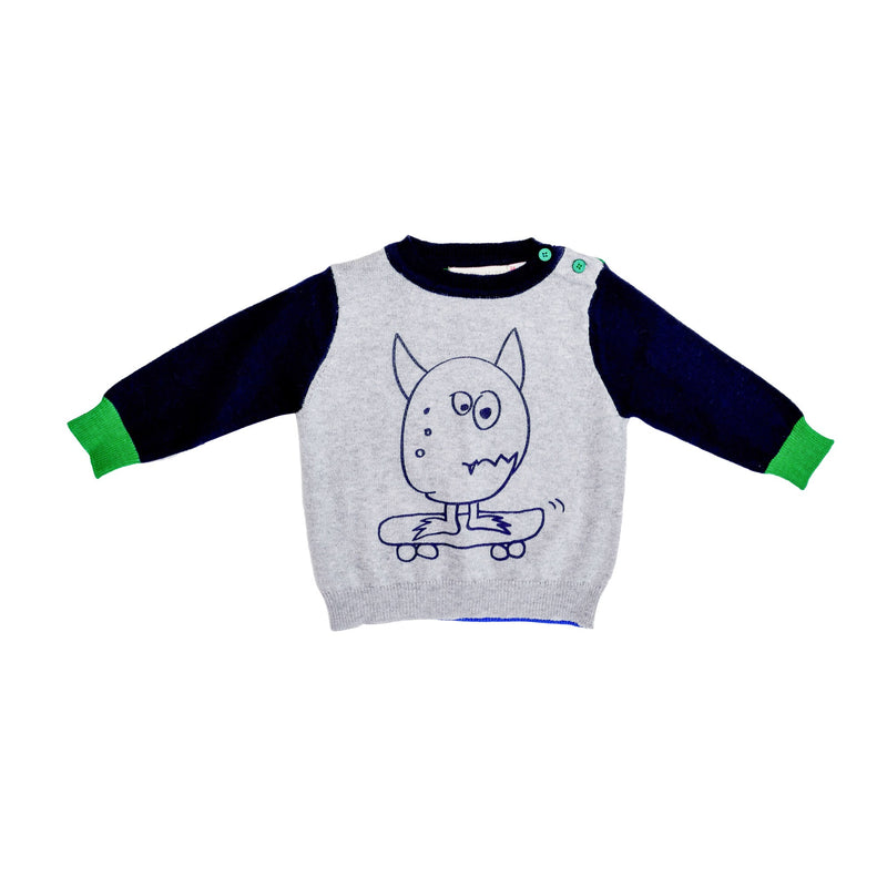 Baby Grey Cotton Sweater With Navy Blue Cuffs - CÉMAROSE | Children's Fashion Store