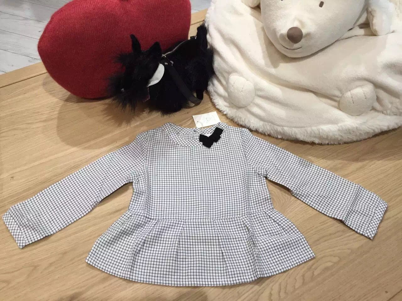 Girls Navy Blue Check Blouse With Bow Trims - CÉMAROSE | Children's Fashion Store