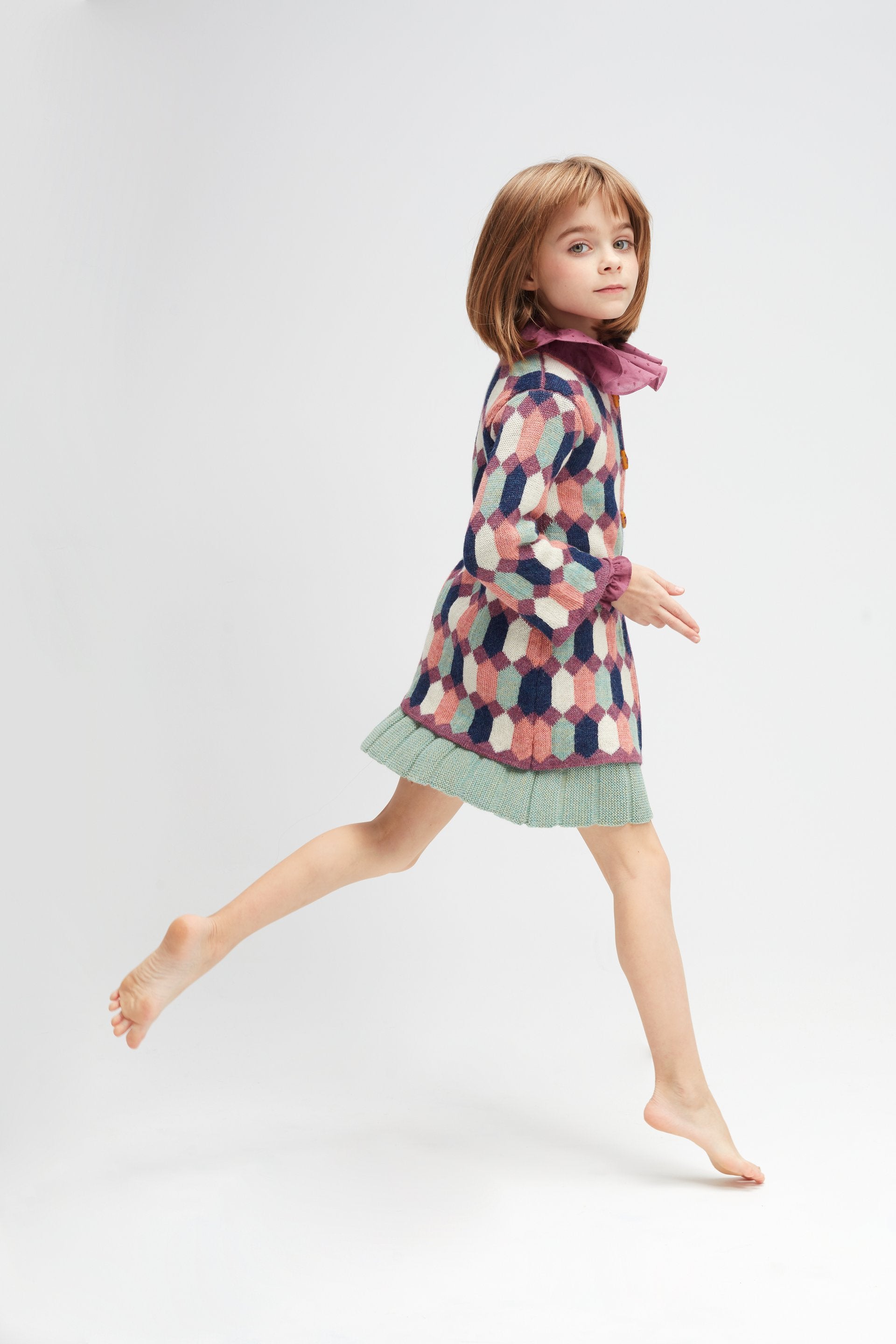 Girls Blue Diamond Pattern Alpaca Coat