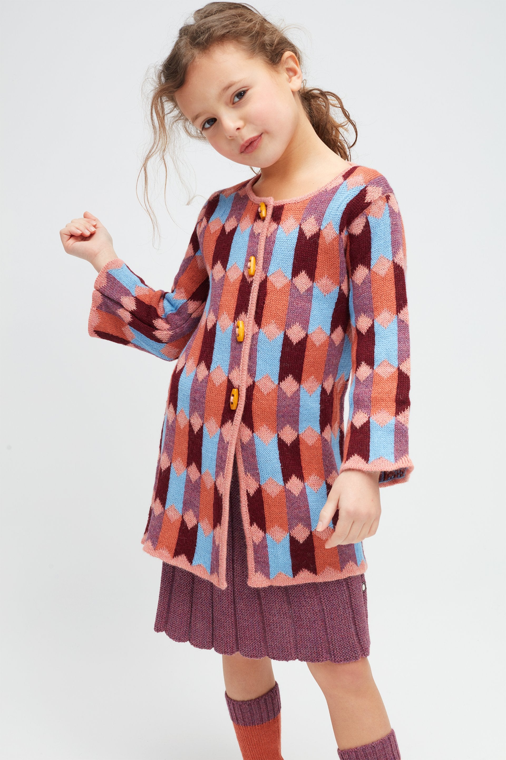 Girls Pink Diamond Pattern Alpaca Coat