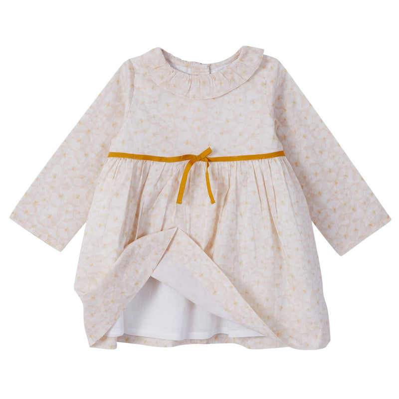 Baby Girls Beige Pansy Printted Dress&Knickers With Mustard Yellow Ribbon - CÉMAROSE | Children's Fashion Store - 4
