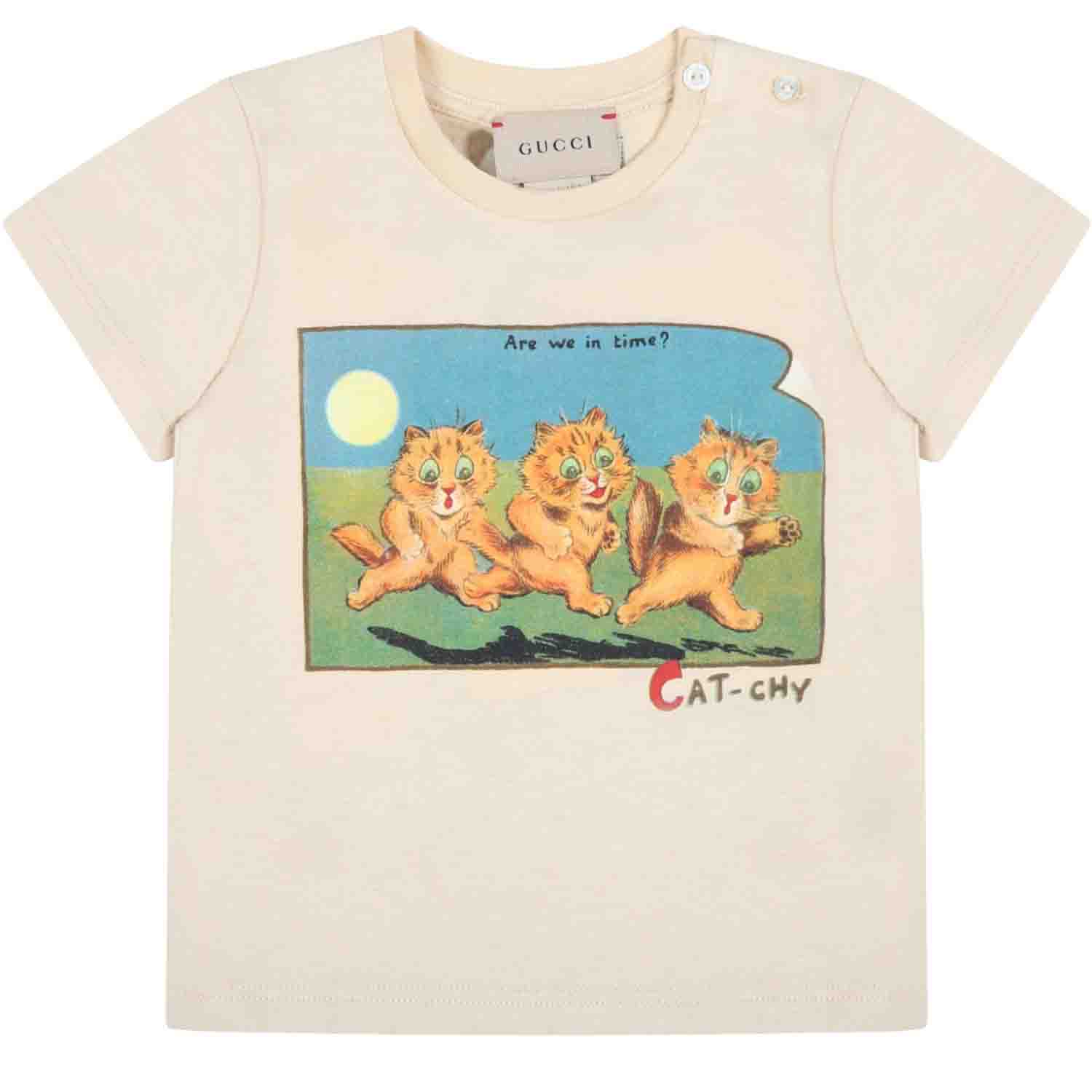 Baby Boys & Girls Beige Cat Printed T-Shirt