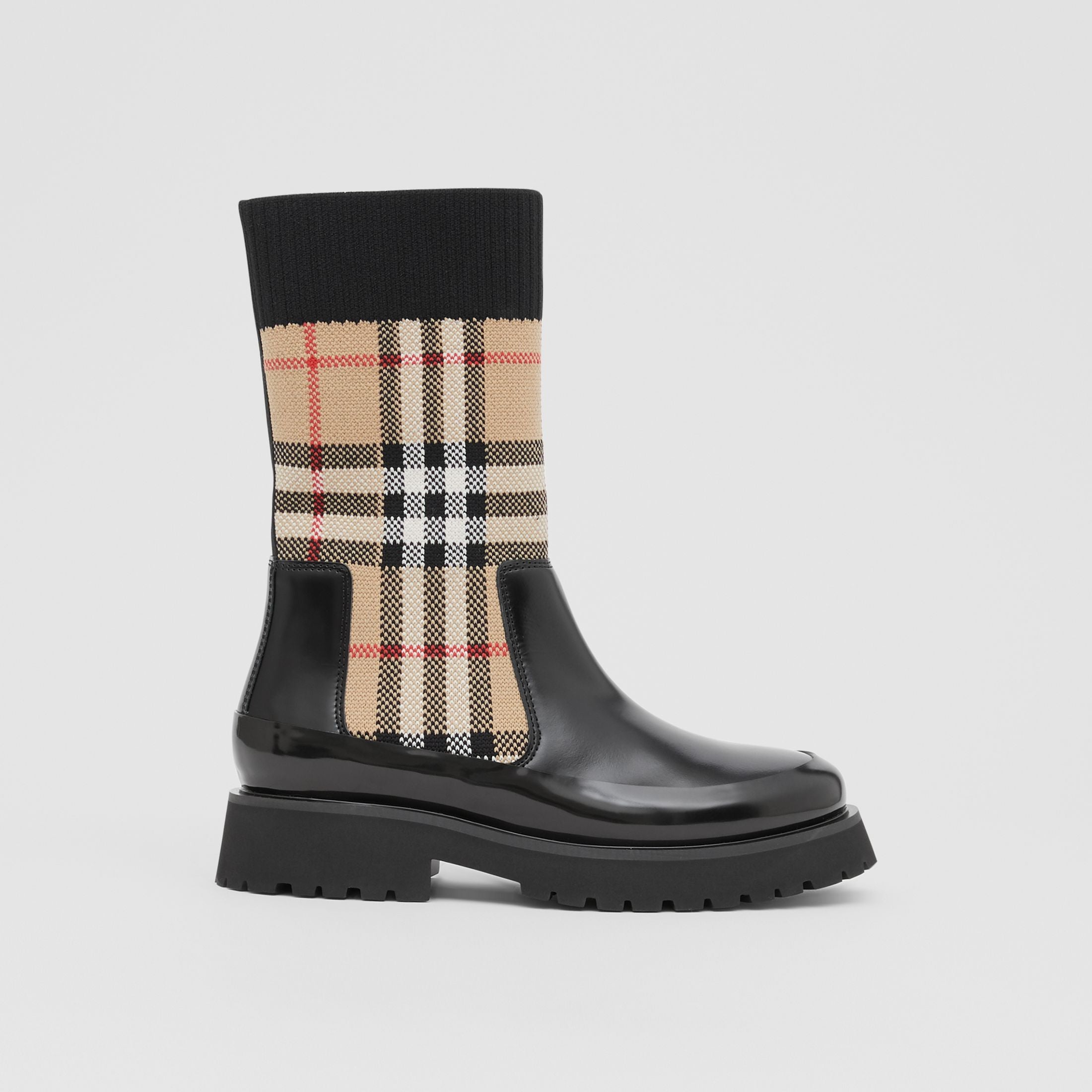 Girls Black & Beige Check Leather Shoes