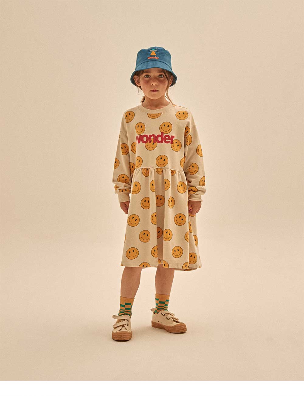 Girls Beige Smile Cotton Dress