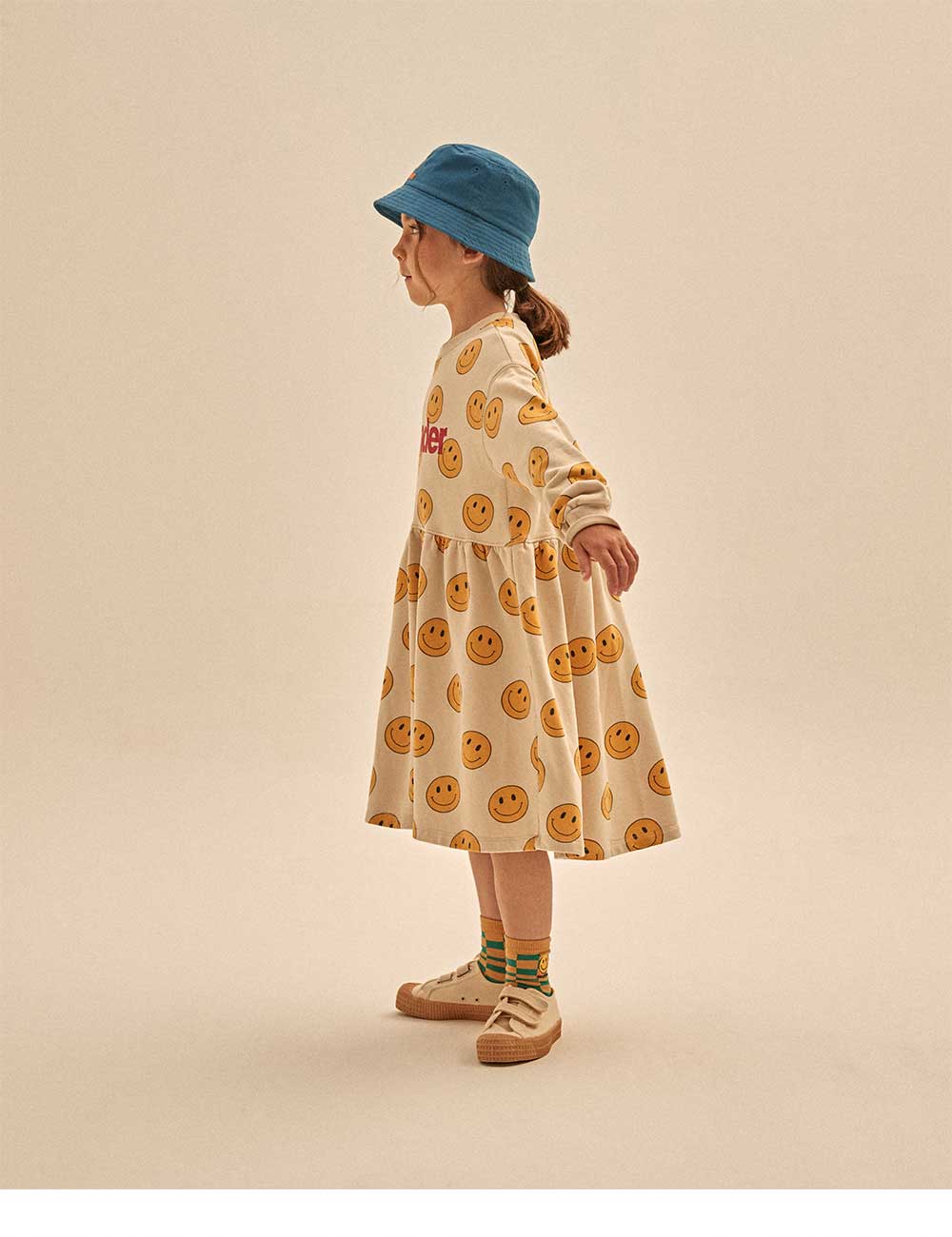 Girls Beige Smile Cotton Dress