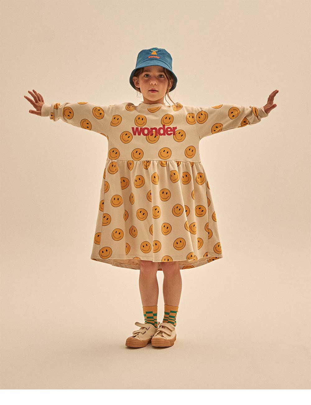 Girls Beige Smile Cotton Dress